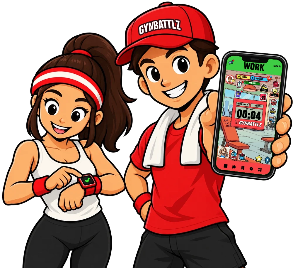 Two GYMBATTLZ athletes showing a smartwatch and a phone