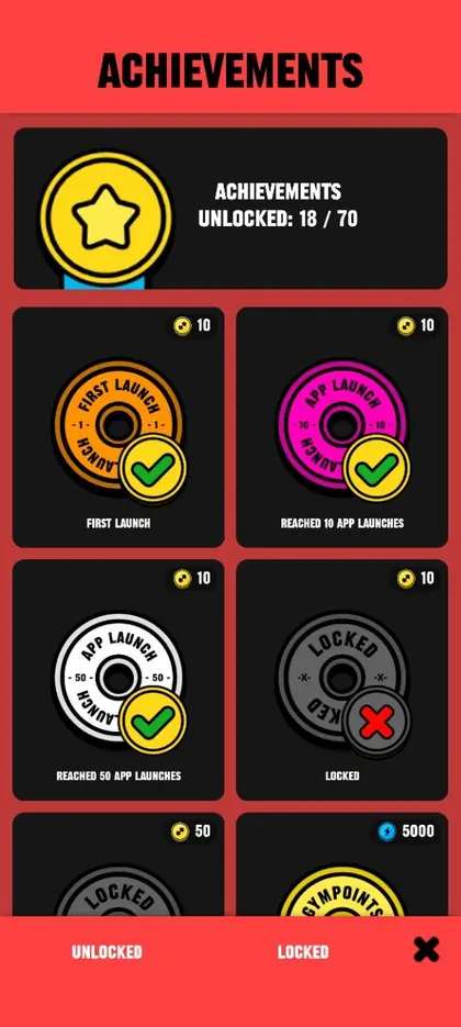 GYMBATTLZ fitness achievements and rewards screen