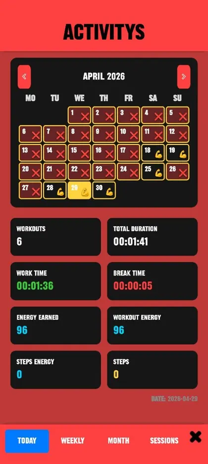 GYMBATTLZ activities and completed workout sessions screen