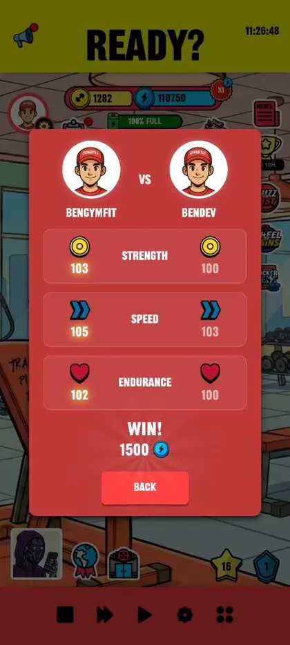 GYMBATTLZ player versus player battle result screen