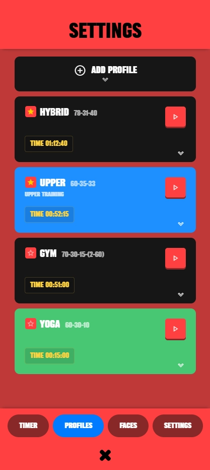GYMBATTLZ custom interval workout profiles screen
